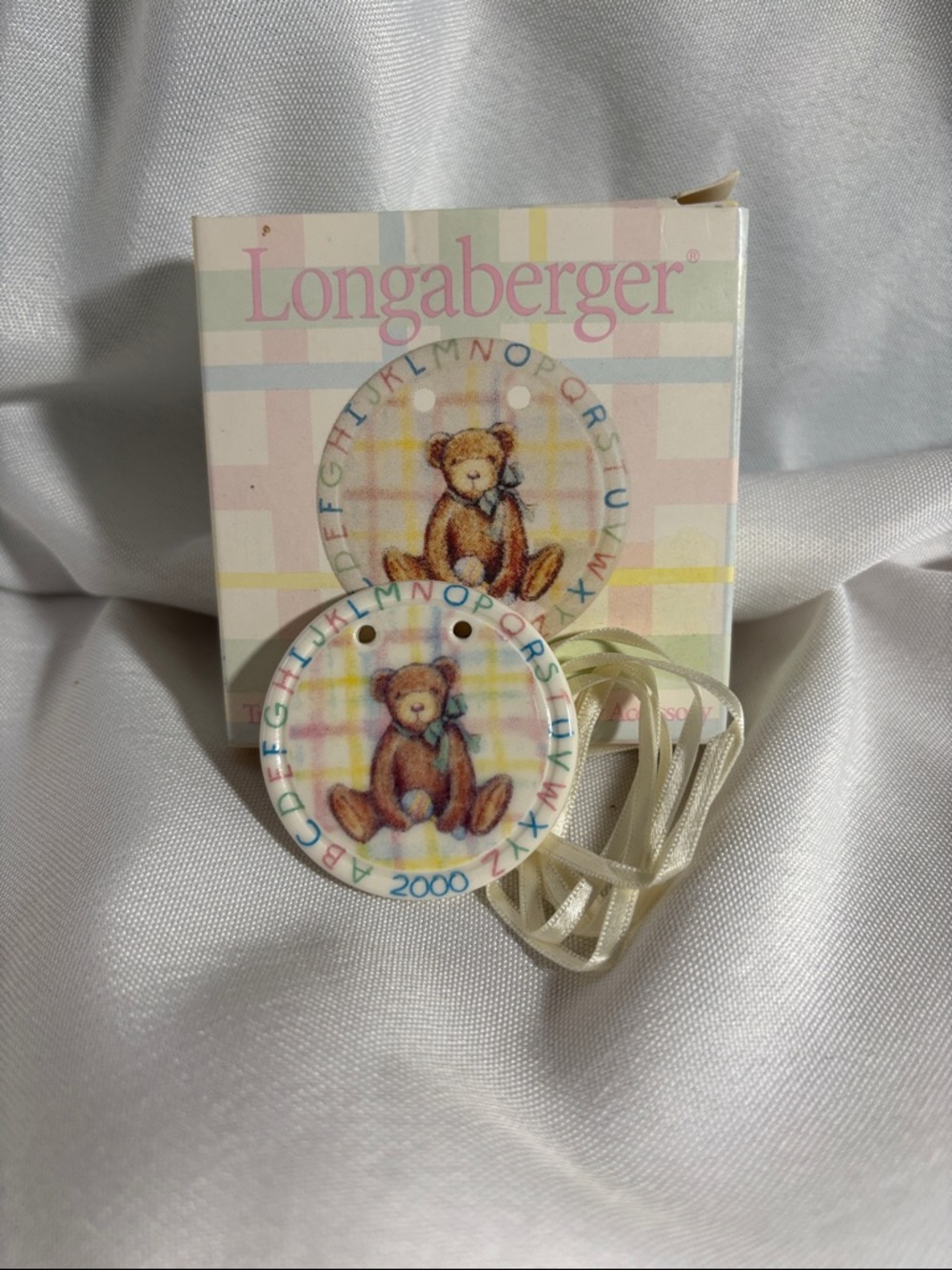 Longaberger 2000 Pastel Plaid Teddy Bear Ceramic Tie-on